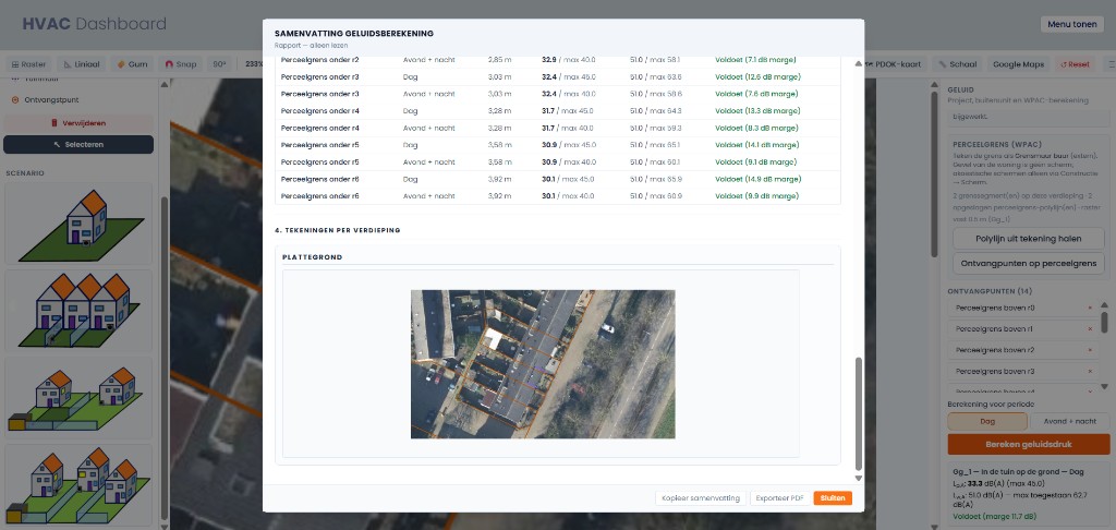 Vabier HVAC Dashboard met geluidsberekening en perceelplattegrond